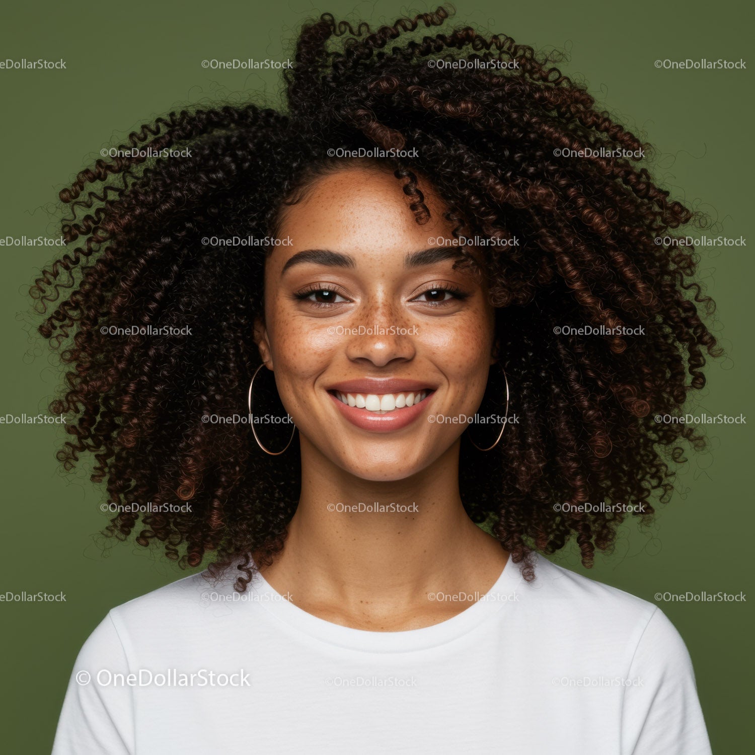 Portrait of a Smiling Woman with Curly Hair and Hoop Earrings