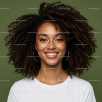 Portrait of a Smiling Woman with Curly Hair and Hoop Earrings