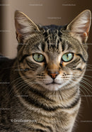 Close up portrait of a calm tabby cat with green eyes