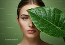 Close-up of Woman with Green Leaf and Water Droplets on Face