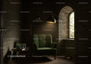 Cozy corner with green armchair and floor lamp