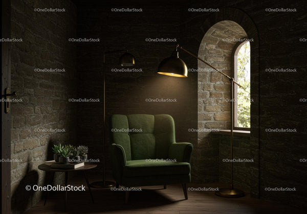 Cozy corner with green armchair and floor lamp