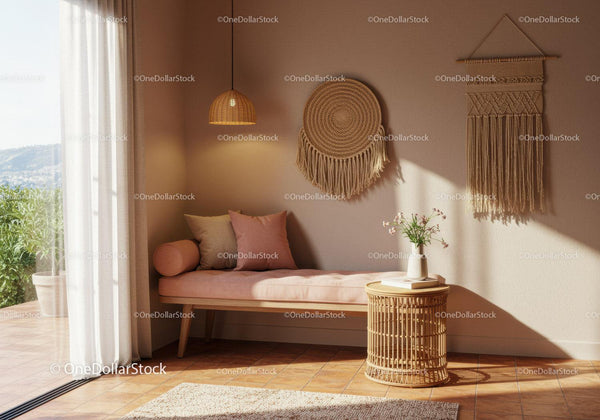 Cozy corner with pastel bench and wicker decor