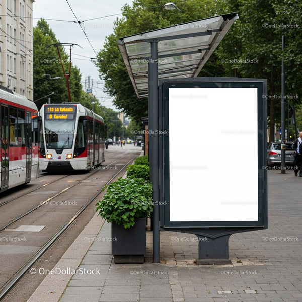Urban tram stop with blank advertising board and greenery JPG Mockup Image