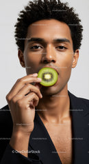Close-up of Young Man Eating Fresh Kiwi Fruit for Healthy Lifestyle