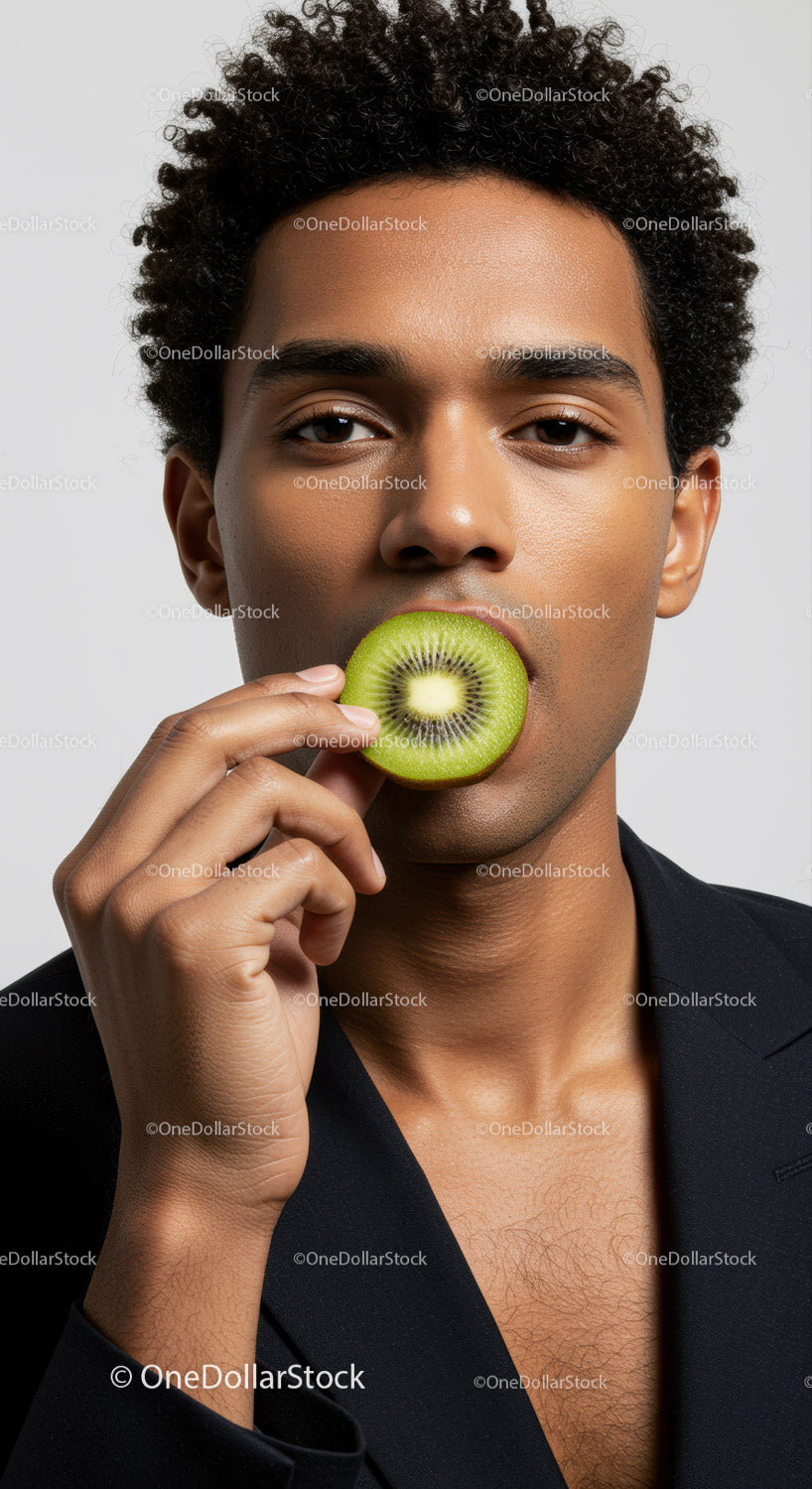 Close-up of Young Man Eating Fresh Kiwi Fruit for Healthy Lifestyle