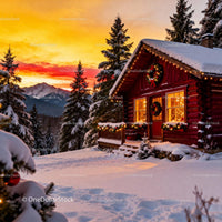 Cozy Winter Cabin at Sunset with Festive Decorations