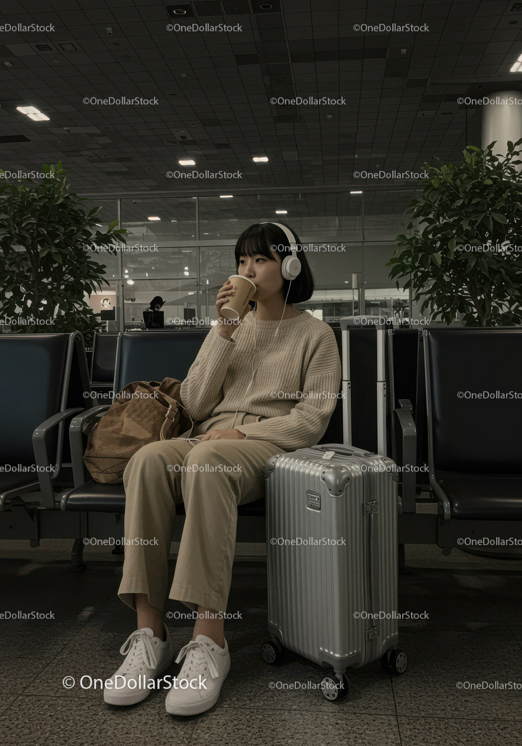 Young Woman Sitting with Suitcase Drinking Coffee at Airport Waiting Area