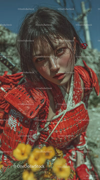 Young Woman in Red Traditional Armor Outdoor Warrior Portrait