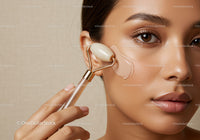 Close Up of Woman Using Jade Facial Roller for Skin Care