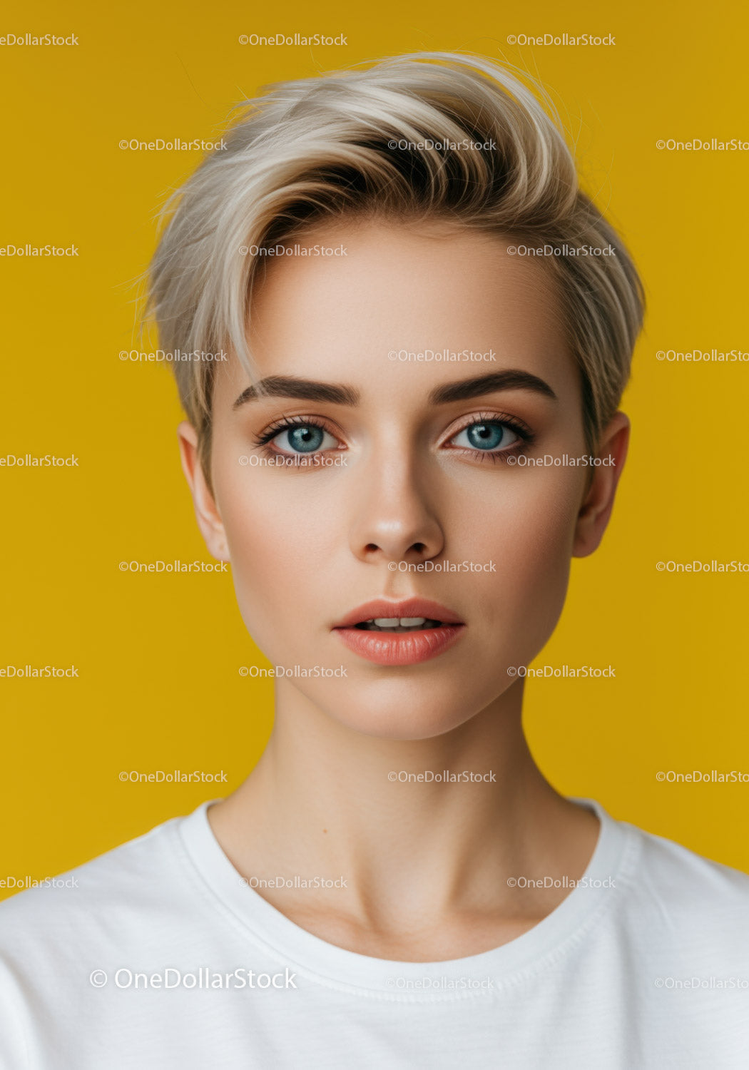 Close-Up Portrait of Young Woman with Blonde Hair and Blue Eyes
