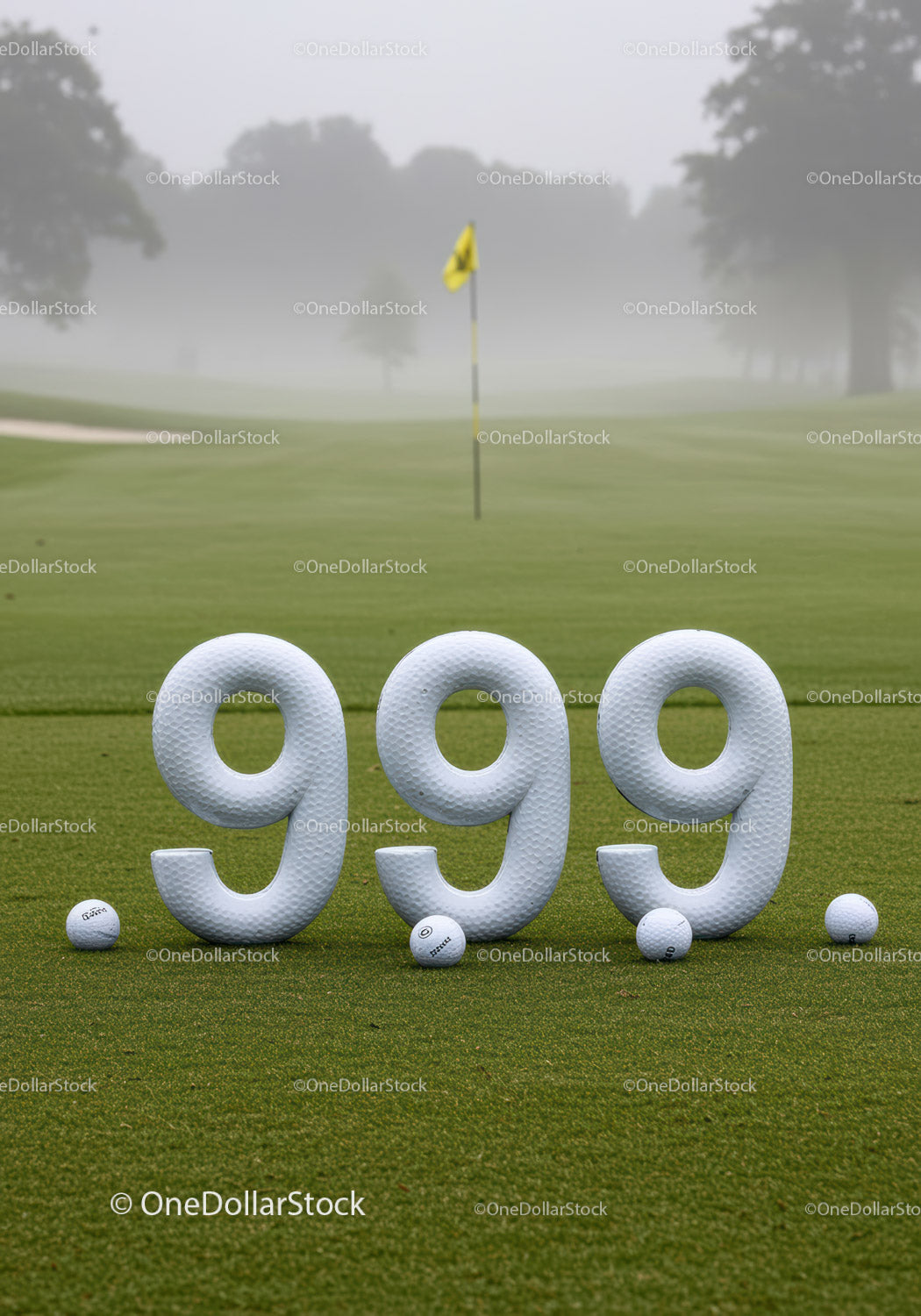 Golf Course with Large 999 Numbers and Balls on Green