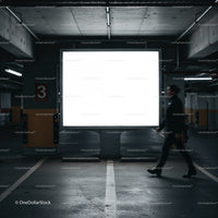 Person walking past illuminated blank billboard in parking garage