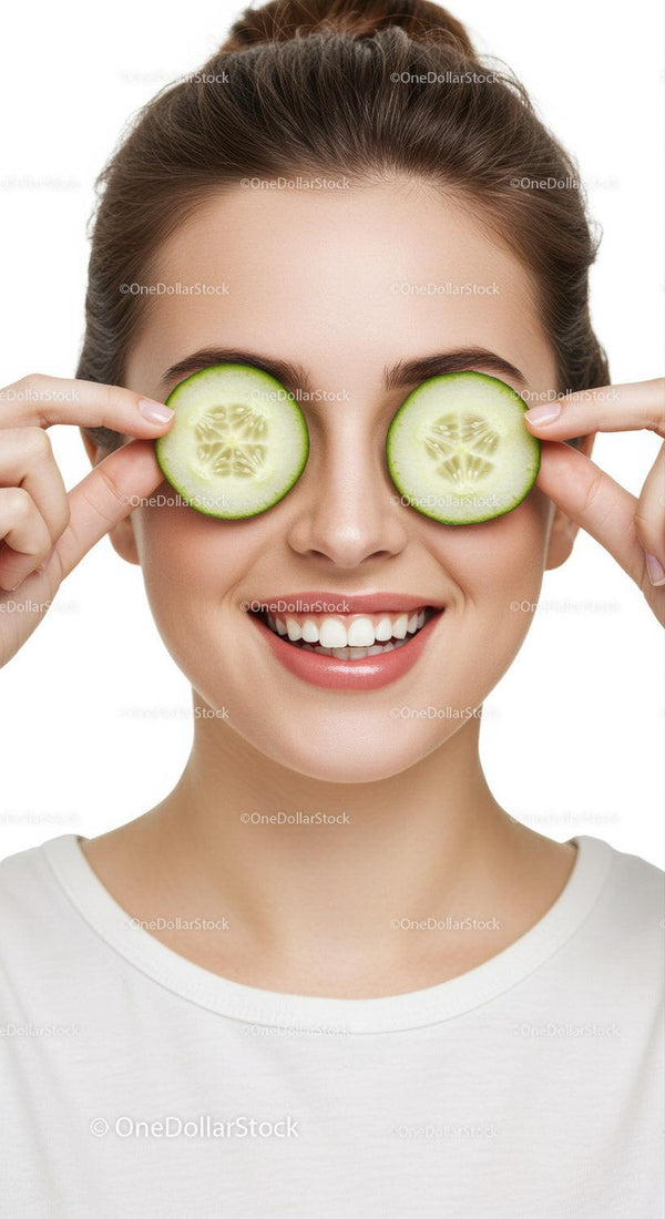 Happy Woman With Cucumber Slices Over Eyes Smiling Portrait