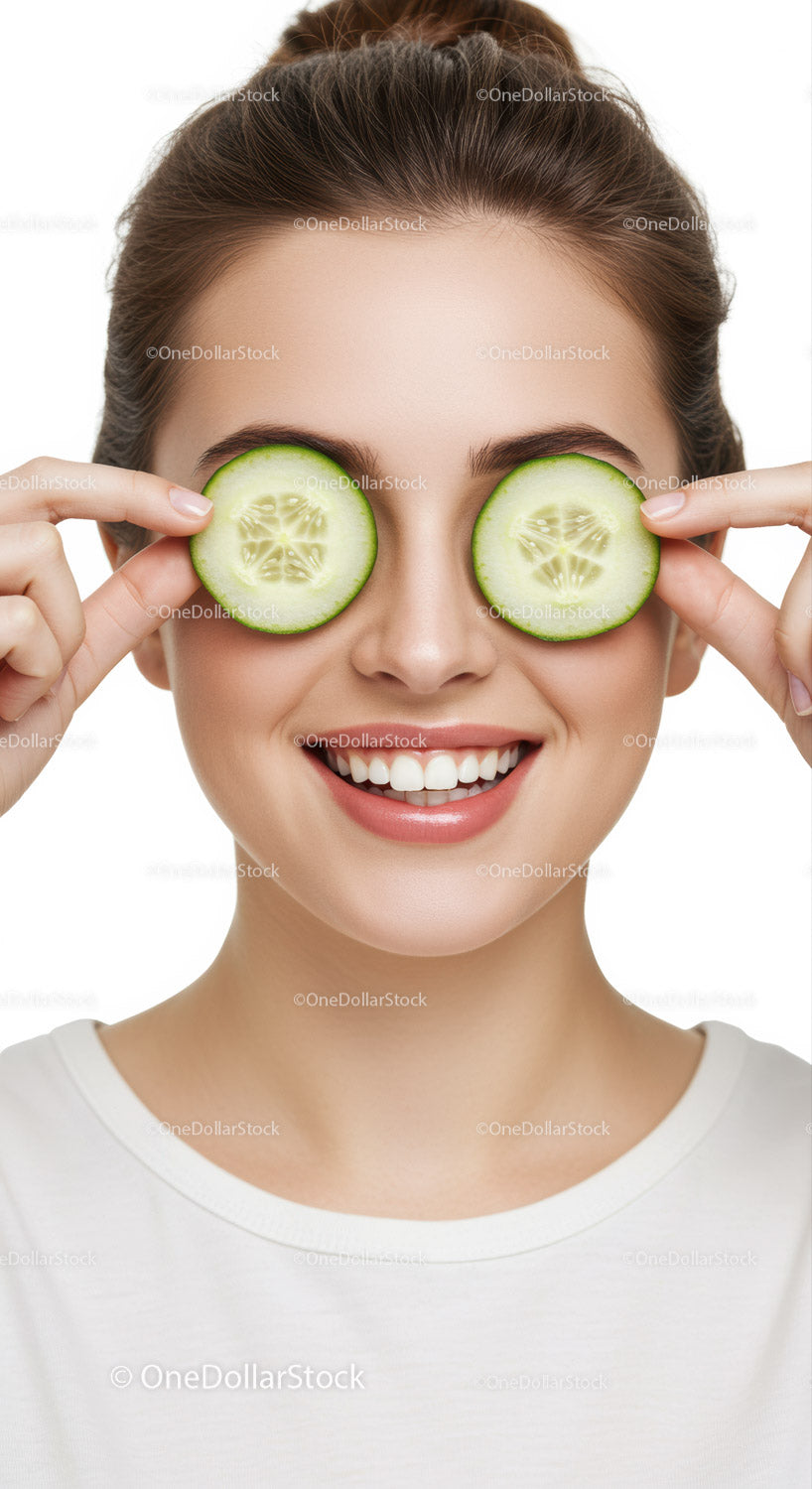 Happy Woman With Cucumber Slices Over Eyes Smiling Portrait