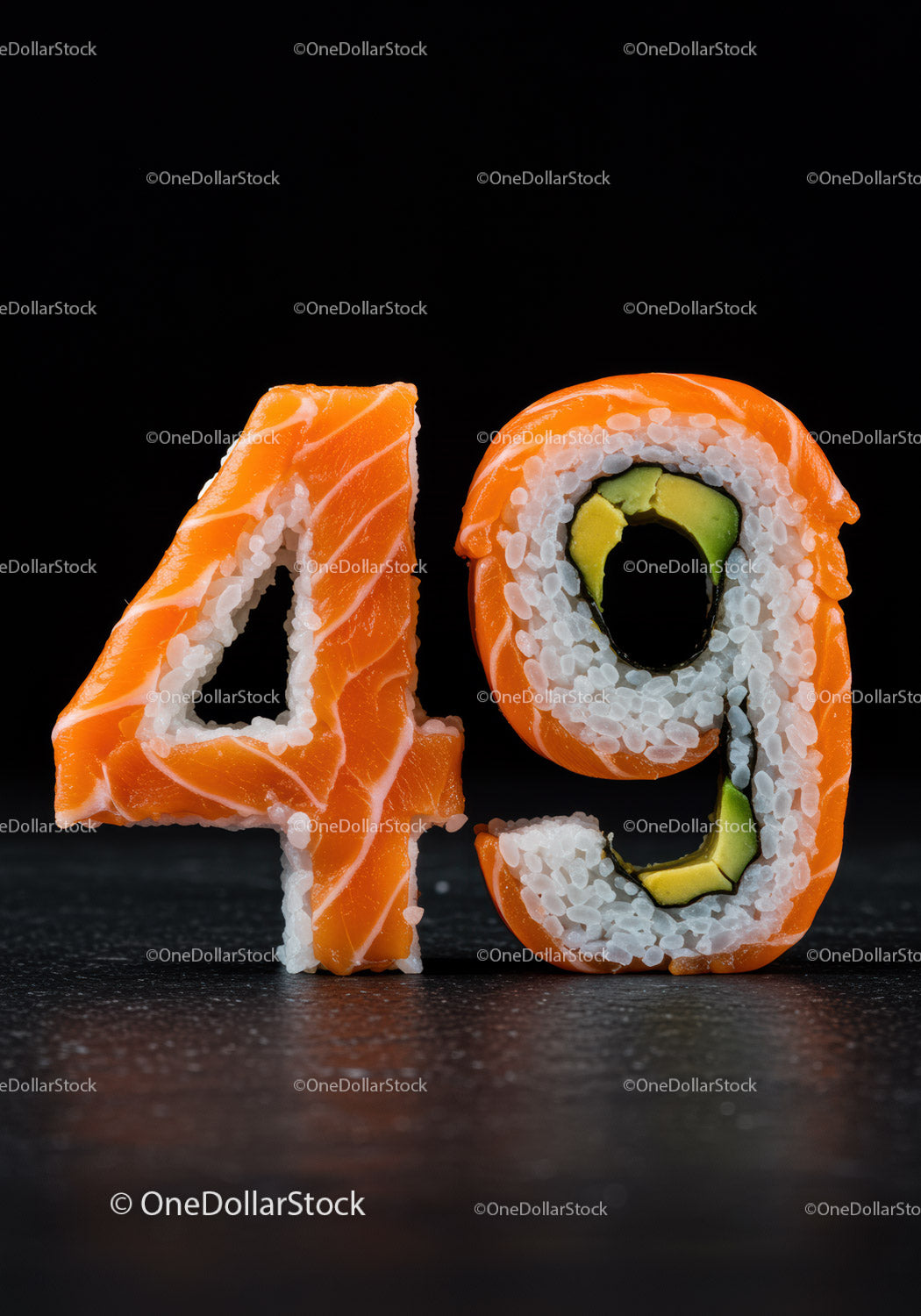 Kreatywna rolka sushi w kształcie cyfry 49 na czarnym tle