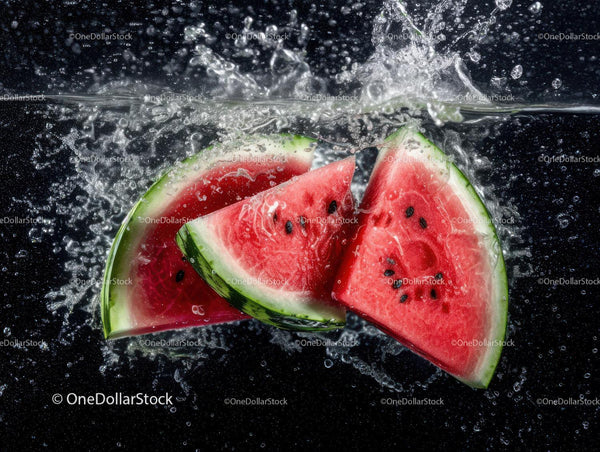 Fresh Watermelon Slices Splashing into Water