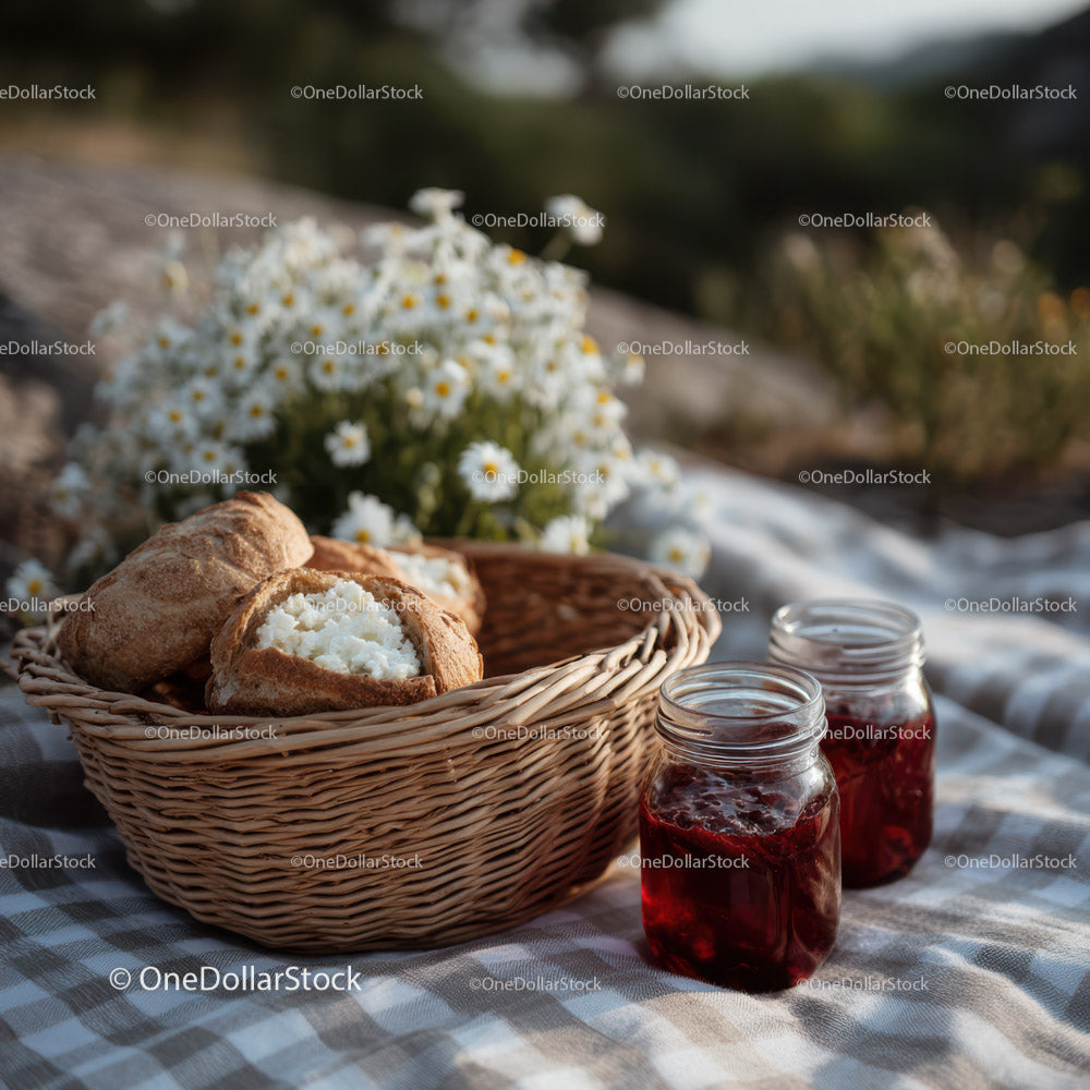 Rustic Picnic Scene with Bread, Jam, and Daisies in Nature