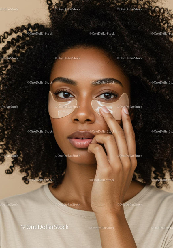 Portrait of a Woman with Curly Hair Wearing Under-Eye Patches