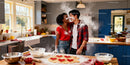 Couple enjoying playful baking moment with heart cookies