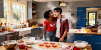 Couple enjoying playful baking moment with heart cookies