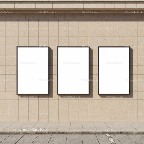 Three Blank Vertical Posters on Outdoor Stone Wall JPG Mockup Image