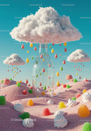 Candy landscape with glass bottle and colorful raindrops