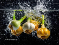 Fresh Garlic Bulbs and Yellow Onions Underwater Splash
