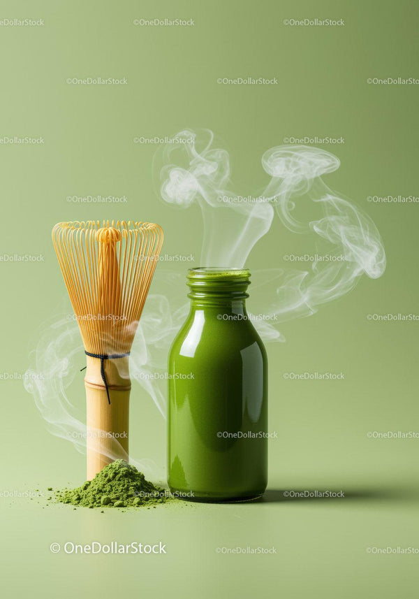 Świeży proszek zielonej herbaty matcha i trzepaczka na zielonym tle
