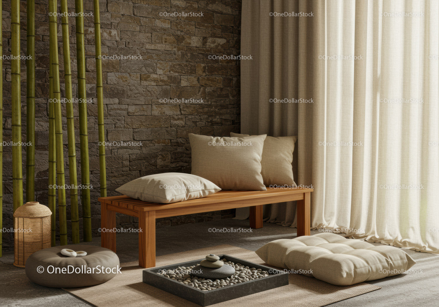 Tranquil Zen seating area with natural textures and bamboo