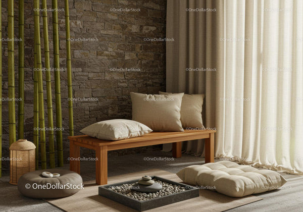 Tranquil Zen seating area with natural textures and bamboo