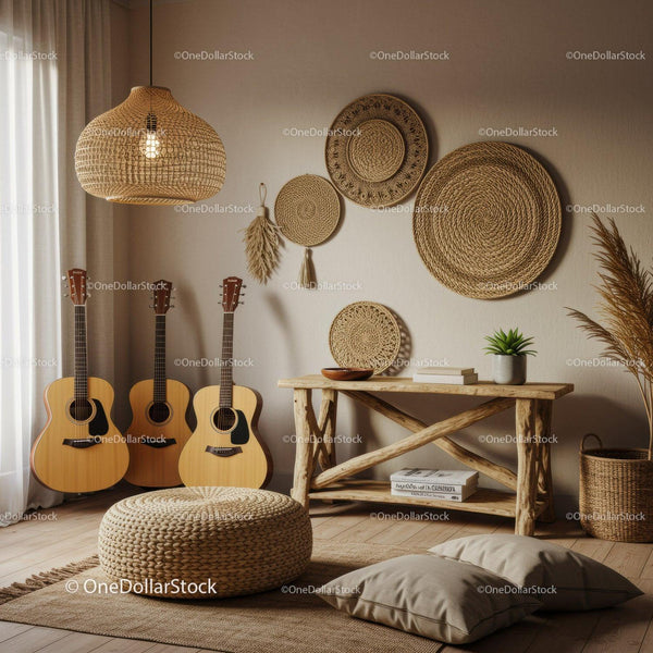 Przytulny Boho Kącik Muzyczny z Naturalnymi Elementami Dekoru