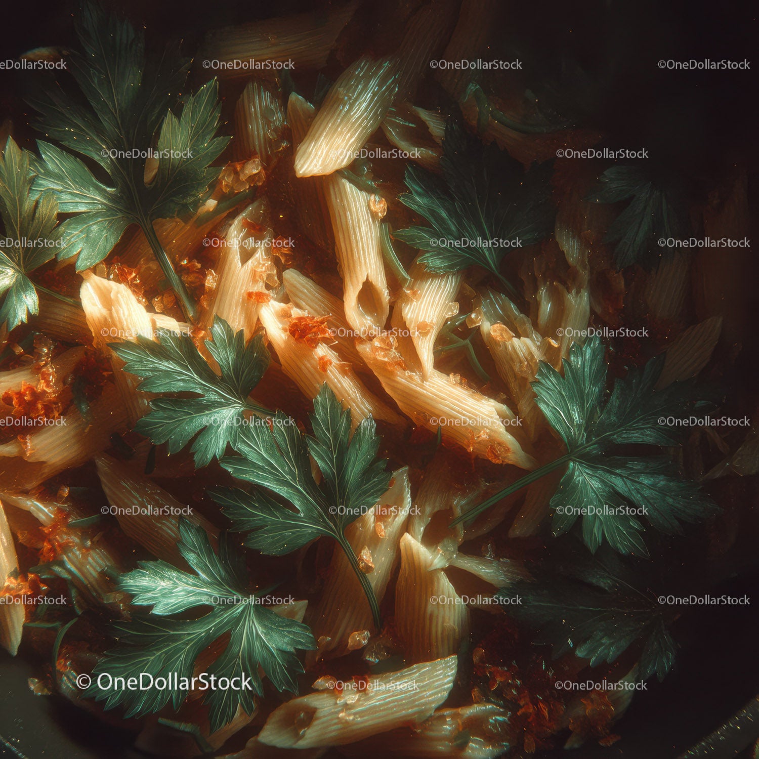 Fresh Penne Pasta with Tomato Sauce and Parsley on Dark Background