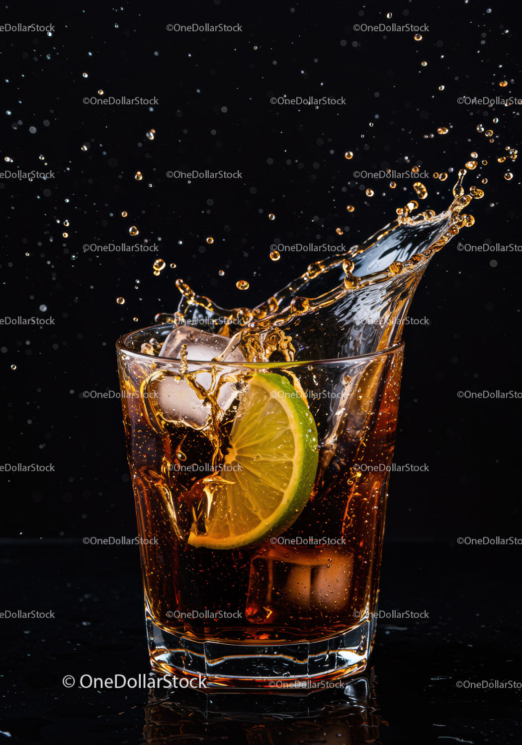 Refreshing splash of cola with lime in glass