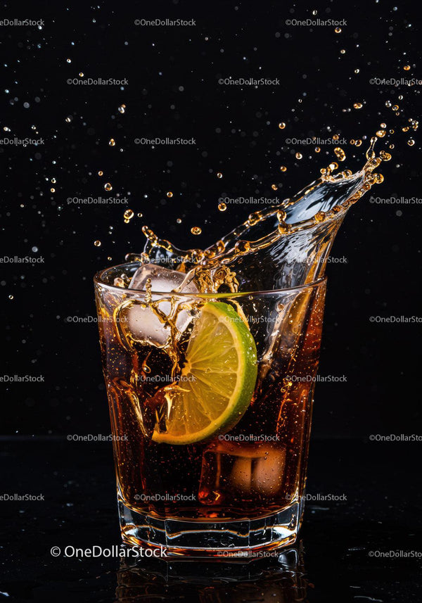 Refreshing splash of cola with lime in glass