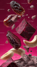 Assorted Dried Dates, Banana, Beet Cubes and Berries in a Dynamic Composition