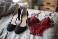 Chic Black Heels and a Red Lace Dress in a Cozy Bedroom Setting