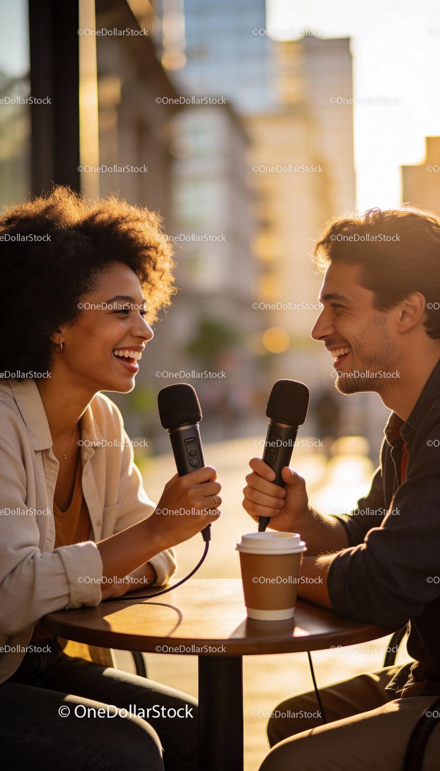 Two friends smiling while recording a podcast together