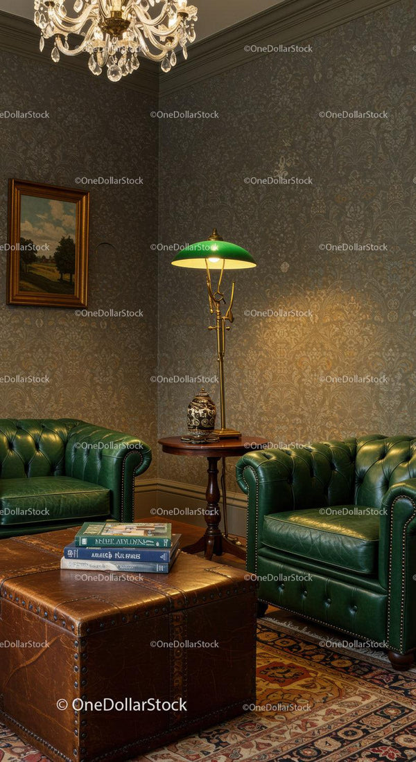 Cozy vintage study with leather chairs and warm lighting