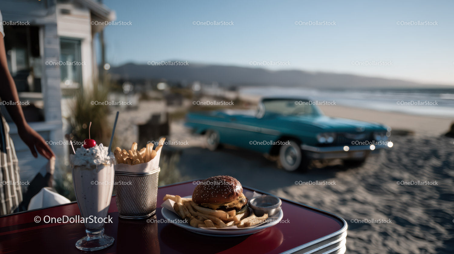 Beachside Cheeseburger French Fries and Milkshake with Classic Car