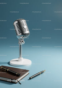 Vintage Silver Microphone with Notepad and Fountain Pen on Blue Background