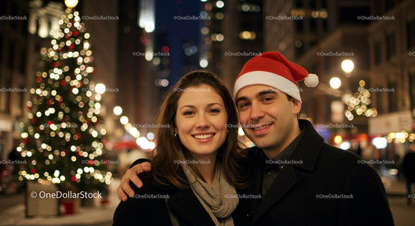 Smiling couple enjoying festive night in city