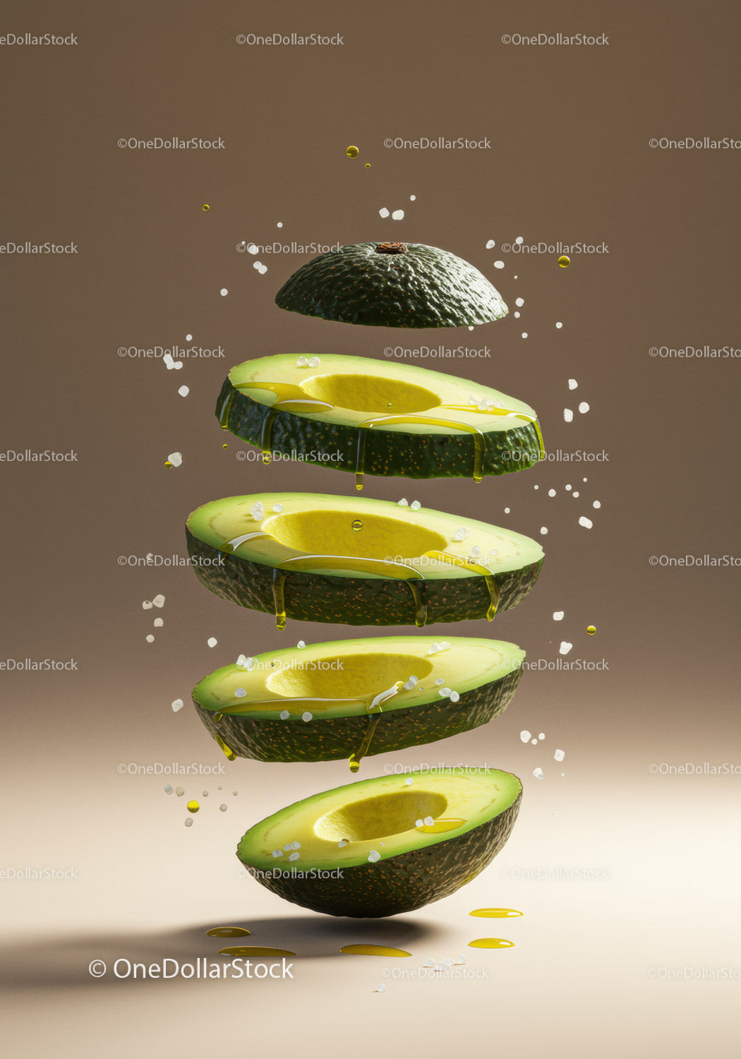Sliced avocado with oil and salt levitating on beige