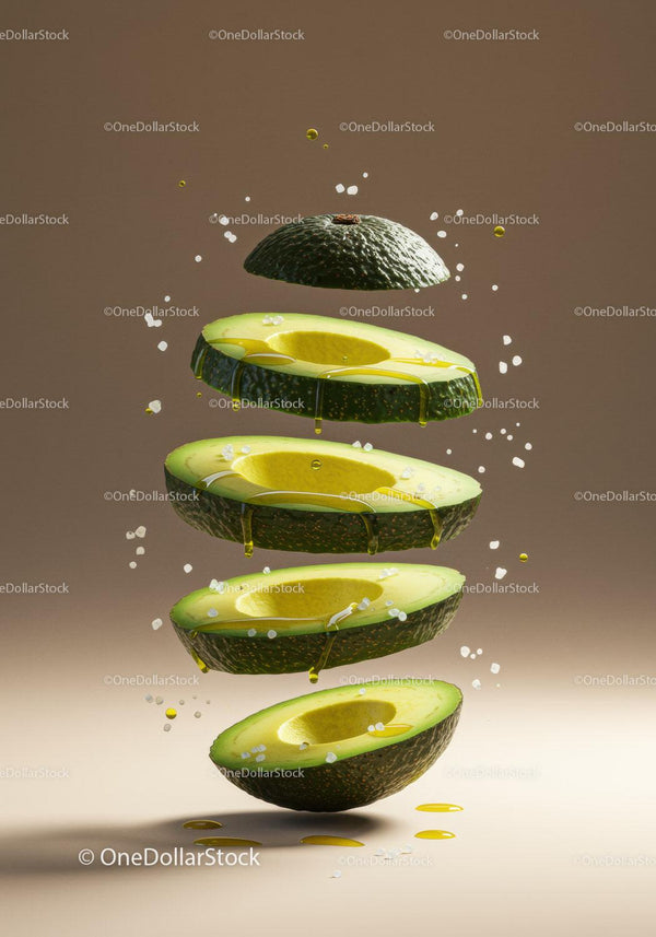 Sliced avocado with oil and salt levitating on beige