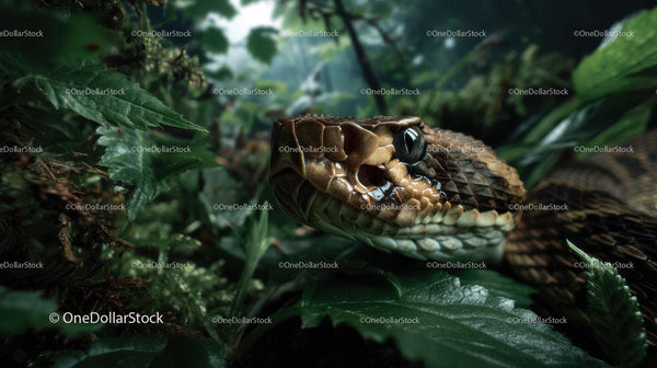 Close-up of a Camouflaged Snake in Dense Jungle Foliage