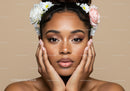 Beautiful woman with floral crown and glowing skin for skincare advertisement