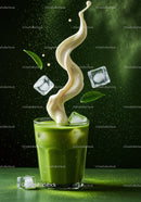 Iced Matcha Green Tea Latte with Cream Swirl and Ice Cubes