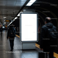 Empty Lighted Advertising Board in Busy Urban Subway Station