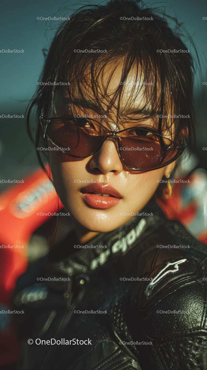 Confident Female Rider in Sunglasses with Motorcycle Gear