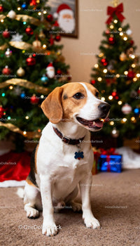 Beagle sitting happily near decorated Christmas trees